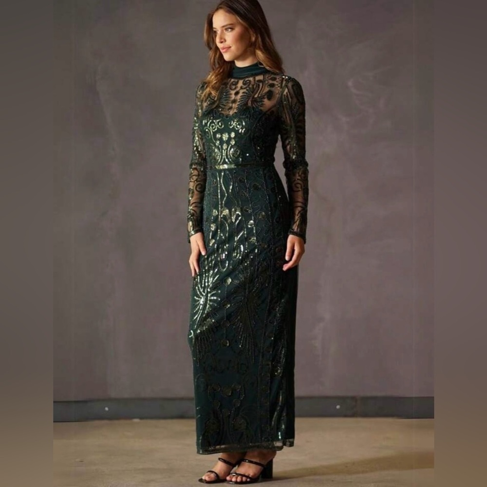 Formal Sequin Emerald Green Embellished Long Dress Size XL